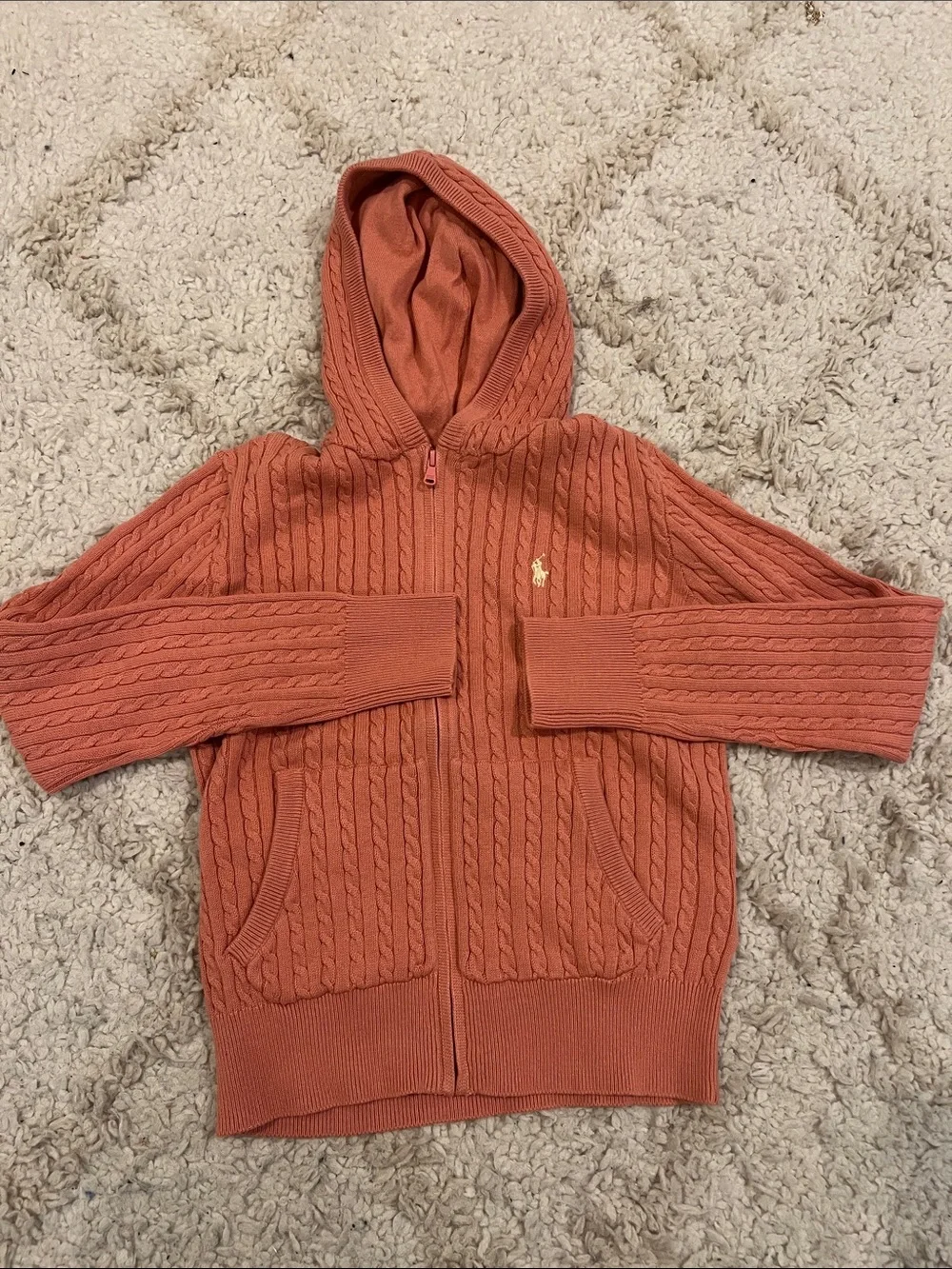Ralph Lauren Cable-Knit Hooded Zip Sweater - Coral